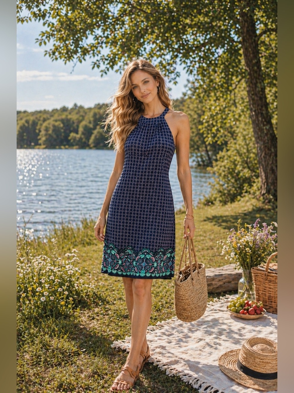 Skies Are Blue Resort Midi Dress | Navy Teal Border Print | Large